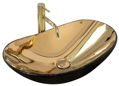 GTM Design Keramik Waschbecken - Aufsatzwaschbecken fürs Badezimmer - Waschbecken Oval - Design Waschbecken im modernen Stil - Gold, Schwarz - 62x36x16 cm