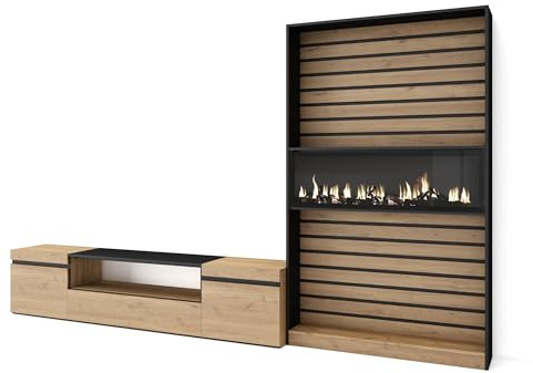 Skraut Home | Ensemble Meuble TV | Meuble Salon Complet | 310x186x35cm | pour Les TV jusqu'à 80 | Cheminée électrique | Style Moderne | Chêne et Noir