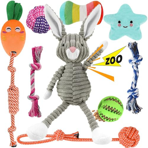 Kapetgo Hundespielzeug, Welpenspielzeug ab 8 Wochen, interaktives Seilspielzeug, unzerstörbar, robust, Kauspielzeug, Geschenk für kleine Hunde, 10 Stück (graues Kaninchen)