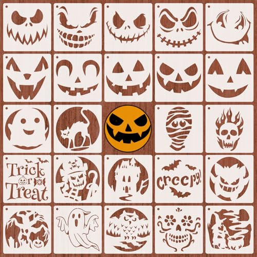 Qpout 24 PCS Plantillas de Halloween para pintar para niños, 5.1 x 5.1 pulgadas, plantillas de Halloween reutilizables, plantillas para pintar sobre madera pared álbum de recortes tarjeta de ventana