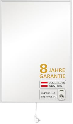 heatness Riscaldamento a infrarossi da parete, L con telaio, riscaldamento a parete a risparmio energetico, 600 Watt con termostato, radiatore per montaggio a parete, 60 x 90 x 2,5 cm, fino a 10 m²