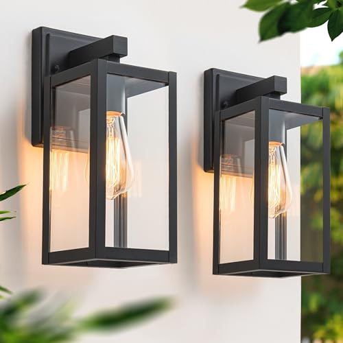 FTL Applique Murale Exterieur, Noir Mat Luminaire Lanterne Exterieur avec Abat Jour en Verre Transparen, Max 60W Porche Lampe Exterieur Murale E27, IP44 Étanche Éclairage Mural d'Extérieur, 2 Stück