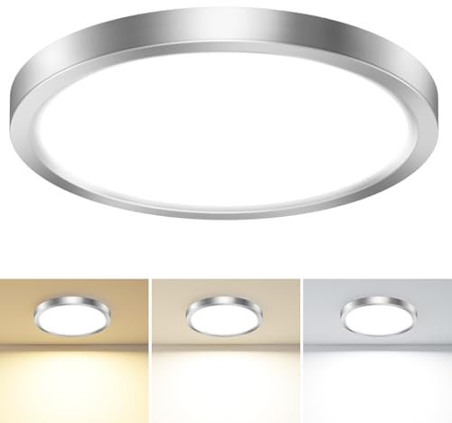 slochi Bathroom Light, 3000K/4000K/6500K 3 Color Temperature, Waterproof, Round, Modern, Flush Ceiling Light for Bathroom, Kitchen, Bedroom, HallwayØ30CM(Brushed Nickel)