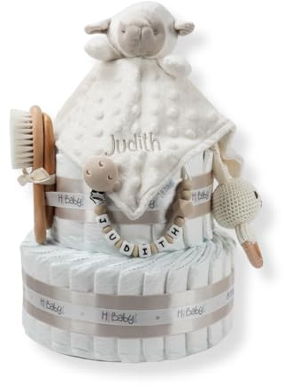 Tarta de pañales personalizada para bebé Baby Rattle, Regalo Original para Baby Shower, Recién Nacido, Bautizo, Pañales dodot Sensitive, Pastel de pañales (Beige)