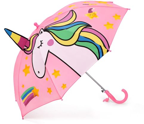decalsweet Parapluie Enfant avec 3D Licorne, Coupe-vent et Durable Parapluie pour Filles Garçons avec Sifflet, Facile à Transporter Parapluie Pliant Enfant, Léger Parapluie Canne (Rose)