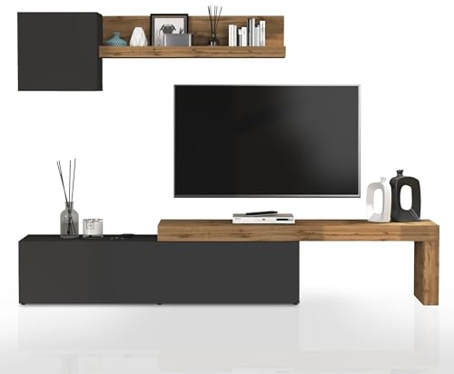 WHOUS Parete Attrezzata CHRONOS per Soggiorno, Mobile Tv Regolabile, Cubo con 1 Anta e Mensola per Salotto in Legno, 190/350x40 cm, Antracite Opaco e Rovere