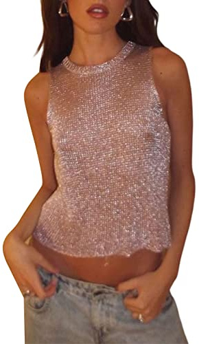 Women Sexy Fishnet Knit Glittering Crop Tank Going Out Top Sheer Mesh Sleeveless Solid Slim Cropped Shirt Tops