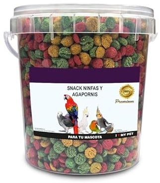 PCMOVILES Snack para Ninfas y Agapornis, Alimento Premium para Pájaros, Mezcla Multicolor en Cubo, 800 Gramos