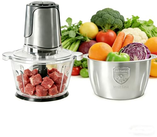 Simple Deluxe Electric Meat Grinders, 450W Mini Food Processor & Food Chopper with 2 Bowls (8 Cup+8 Cup) and 2 Bi-Level Blades for Fruits, Meat, Nuts, Baby Food, Silver
