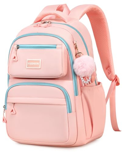 QIXIHU School Bag for Girls, Modern Contrast Color Kids Backpack for Primary High School Students, Fashion Bookbag Aged 6-12 with Furry Pom Pom
