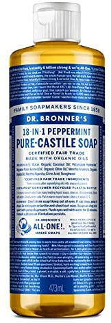 Dr Bronner's 18-in-1 Peppermint Pure-Castile Liquid Soap, Made with Organic Oils, Used for Face, Body, Hair, Laundry, Pets and Dishes, Certified Fair Trade & Vegan Friendly, 473ml Recycled Bottle