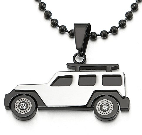 COOLSTEELANDBEYOND Argento Nero Camionetta SUV Auto Ciondolo con Zirconi, Collana con Pendente da Uomo Ragazzi, Acciaio, Palla Catena 60CM