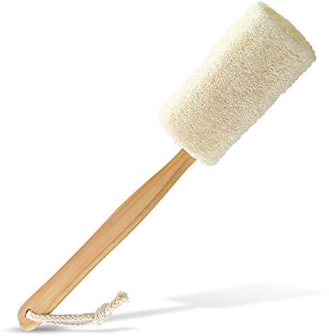 Natural Exfoliante Loofah Esponja de cepillo de baño en palo, 9,4 mango de madera, rascador de espalda, esponja para baño y ducha