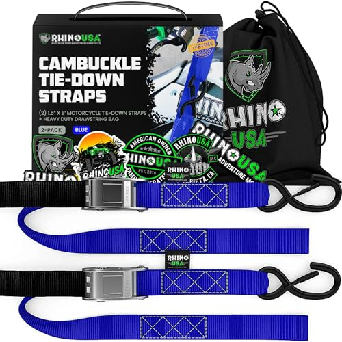 Rhino USA Motorcycle Tie Down Straps (2 Pack) Lab Inspected 2,200lb Break Strength, Steel Cambuckle Tiedown Set with Integrated Soft Loops - Better Than a Ratchet Strap (Blue 2-Pack)