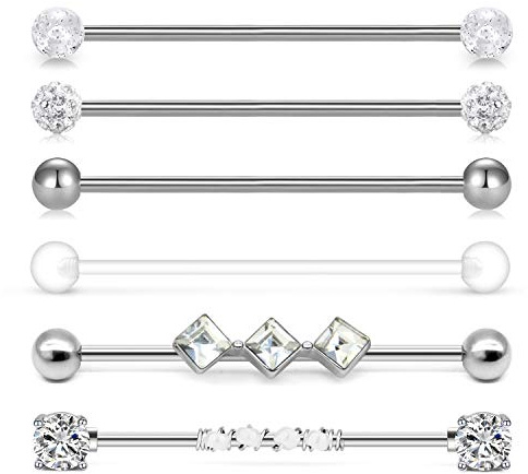Incaton 14g Industrial Barbell Surgical Steel Cartilage Earrings CZ Industrial Earring Crystal Ferido Industrail Piercing 1 1/2(38mm) Bar Length
