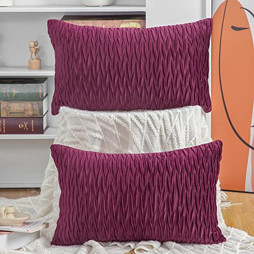 Madizz 2er Set Samt Dekorativ Zierkissenbezüge Luxus Stil Kissenbezug für Sofa für Schlafzimmer Purpurrot 30x50 cm Rechteckigig