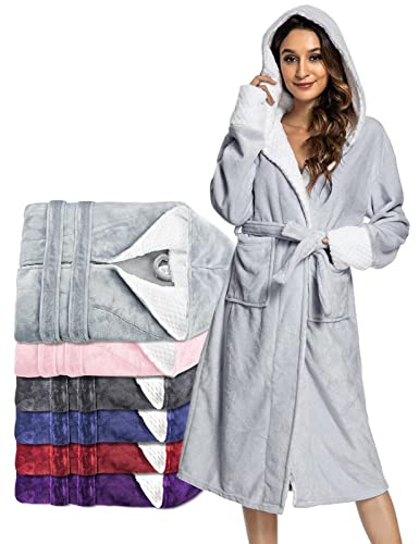 UMIPUBO Dam morgonrock fleece överdimensionerad mjuk badrock med huva fluffig badrock vinterfilt med ficka lång rock myskläder, Ljusgrå, one size