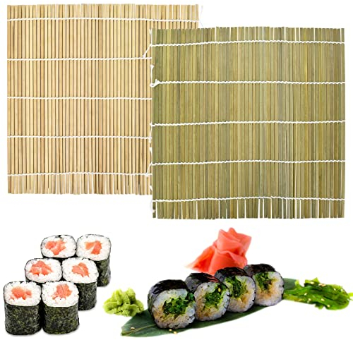 Colexy Sushi Matte, 2 Teilige Natürliche Bambus Rollen Matte Sushi-Matte, Waschbares Sushi Tablett, Wiederverwendbare Bambus Sushi Herstellung für Küchenparty Professionelle Anfänger, 24 x 24 cm