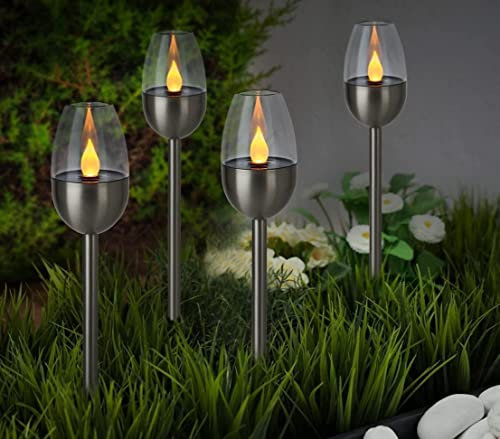 Garden Mile 4 x Flame Effect Solar Torch Lights with LED Flame Effect Waterproof Garden Stakes for Outdoor Yard Pathway Driveway Porch Patio Landscape Lawn Security Lighting Decor Pathway Lighting