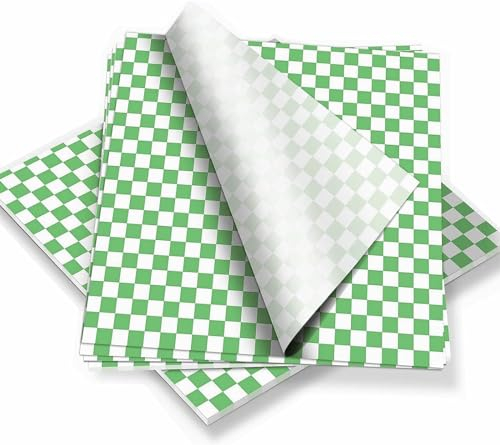 Wrap Paper Checkered 100 Sheets Food Checkered Basket Liners Grade Wrap Paper Waterproof Greaseproof Papers Oil-Proof Wrapping Wax Tissue Sheets Sandwich Wrappers, Green
