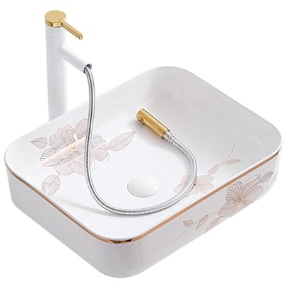 HUHJYUGE Waschbecken Badezimmer Rechteckig, Moderne Aufsatzwaschbecken mit Wasserhahn, Aufsatzwaschtisch Waschschale Keramik Einfache Installation, für Badezimmer/Gäste-WC