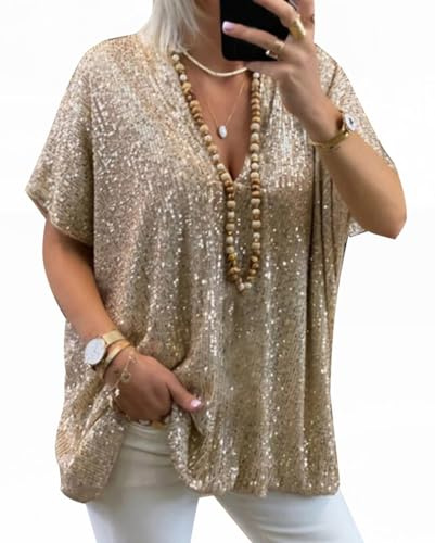 Minetom Donna Maglietta Elegante Paillettes Oversize Camicette Camicia Manica Corta Scollo V Blusa Tops A1 Oro XL