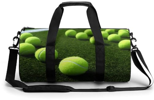 Travel Gym Duffle Bag, Tennis Balls on Tennis Grass Court Print Duffle Bags,womens Mens Gym Bag,gym Bags,gym Bag with Shoe Compartment, Tennis Balls on Tennis Grass Court, 17.7in/9in/9in
