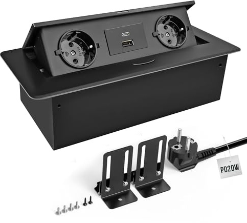 JACEPFY Versenkbare Steckdose Einbausteckdose mit PD20W USB-C Schnellladefunktion Tischsteckdose für Schreibtisch Küchenarbeitsplatte, Schwarz