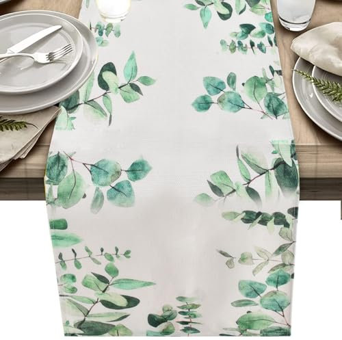 Volumoon Tischläufer, Tischläufer Leinen, Eukalyptus Sommer Tischläufer, Tischläufer Abwaschbar, Tischdecke Rechteckig für Küche Dekoration, Party, Restaurant, Drinnen und Draußen 40 x 140 cm (A)