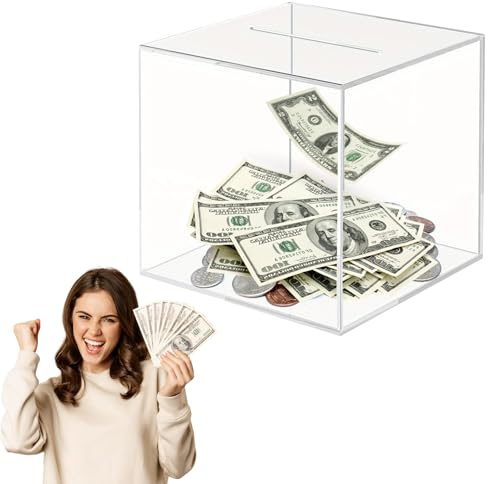 Clear Acrylic Money Box, 12X12X12cm Square Money Saving Box Unopenable Piggy Bank for Adults or Kids, Transparen Money Boxes for Cash or Coins