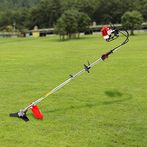2-Takt Benzin Motorsense Freischneider Rasentrimmer mit Messer, Sägestock und Doppel Faden Spule, Schnittlänge: 40cm, 9-Zahn-Welle Tragegurt Antivibrationslenkradgriff 8500 RPM/min 52CC Rot