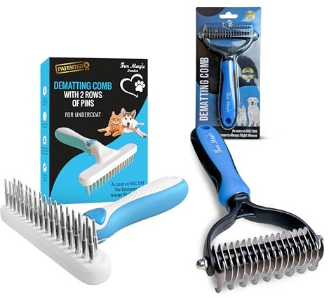 Fur Magic Dematting Comb & Dematting Rake, Deshedding Tools for Dogs & Cats | Removes loose undercoat and mats, dual sided, safe for pets, undercoat rakes for long, medium & short haired dogs cats, 2 pcs