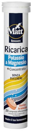Matt, Ricarica Potassio & Magnesio, Integratore Alimentare di Potassio e Magnesio, Contribuisce alla Riduzione della Stanchezza e Affaticamento, Confezione da 20 Compresse Gusto Arancia, 80 g