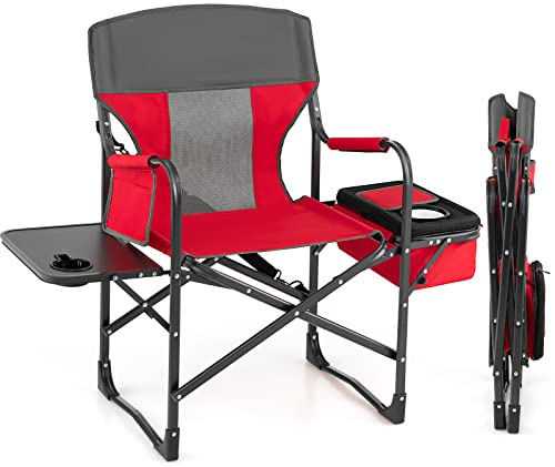 GOPLUS Silla Alta de Director, Silla Plegable para Maquillaje con Mesa Lateral, Portavasos, Bolsillo de Almacenaje, Bolsa de Malla y Reposapiés, Carga150 kg, Ligera para Camping (Rojo+Gris)