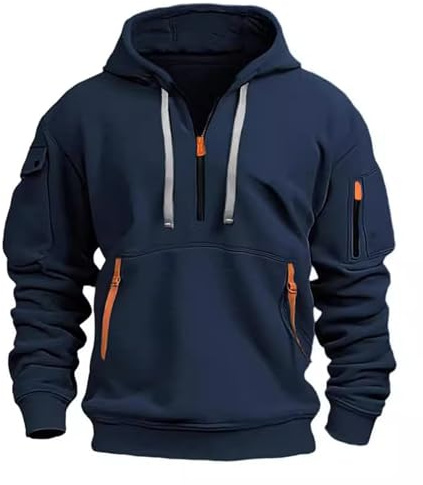 NLAND Uomo Felpe con Cappuccio a Mezza Zip Tasca Multifunzionale Casual Felpa Sportiva in Pile Pullover con Cappuccio,Blu Scuro XL