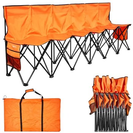 VEVOR Banc pliant portable à 6 places, banc de camping pliable avec poches de rangement et sac de transport, siège latéral léger avec dossier pour football, baseball et événements en plein air, orange