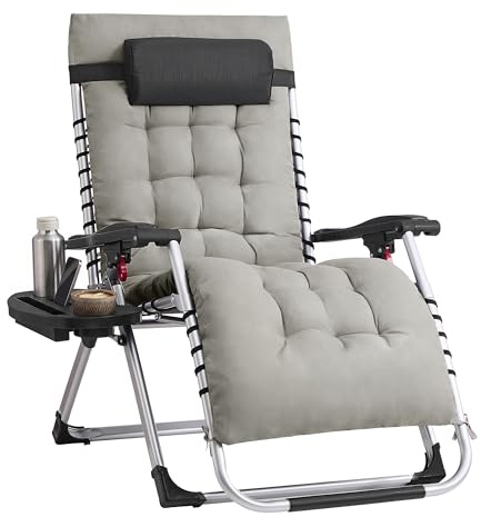 SONGMICS Chaise Longue Pliante, Chaise de Gravité Zéro avec Coussin Amovible, Structure en Acier, Supporte Jusqu'à 110 kg, Appui-Tête Réglable, Sac, Plateau, pour Jardin, Balcon, Gris Clair GLB040GZ04