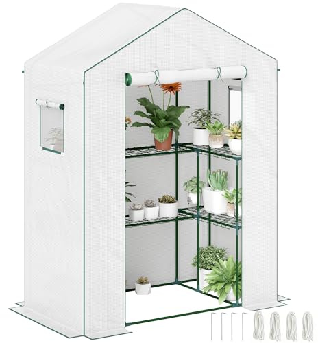 Outsunny Invernadero de Exterior de 3 Niveles Invernadero de Jardín con Puerta Enrollable 2 Ventanas Estantes en Forma de U para Cultivo de Plantas en Terraza Patio 140x73x190 cm Blanco