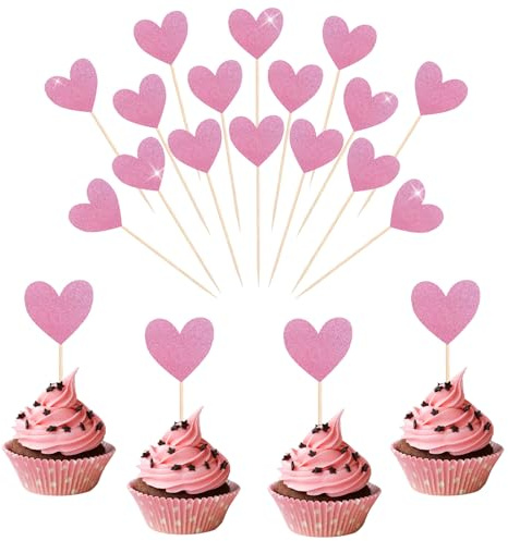 Corazón Decoración Tarta 40 Piezas Cupcake Toppers San Valentín Adornos Pastel Romántico Ideales para Bodas, Cumpleaños y Aniversarios (Rosa)