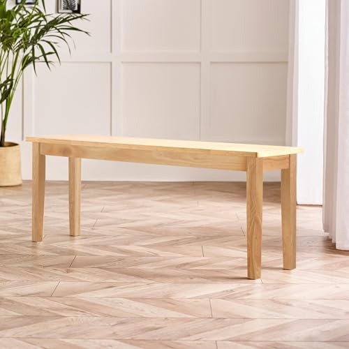 Furniturebox UK Tenby Large Wooden Dining Bench, Warm Stain Finish, Wood Kitchen 3 Seater Stool, Fresh Modern Meets Traditional Farmhouse Dining Furniture, Oak