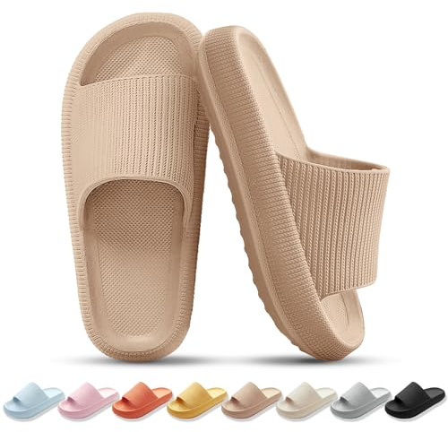 BAGHUY Sliders Women Mens Cloud Sliders Slippers Non-Slip Soft Flip Flops Comfortable Shower Cloud Slippers for Bathroom Pool Beach Indoor & Outdoor，Khaki,5-5.5 UK
