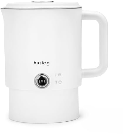 huslog Bollitore elettrico da viaggio 2 in 1 e mini pentola, 0,8 l, pieghevole, bianco, 650 W, acciaio inox 304, doppia parete, base a 360° con avvolgicavo, campeggio e hotel, bianco