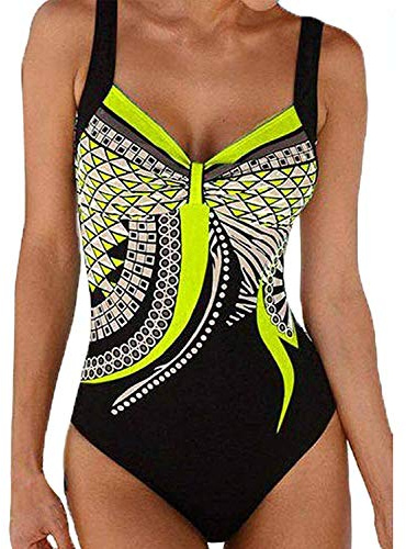 Costumi Interi Donna, One Piece Costumi da Bagno Push Up Trikini Imbottito Backless Swimsuit Pin Up Costume Bohemian Beachwear(Giallo, M)