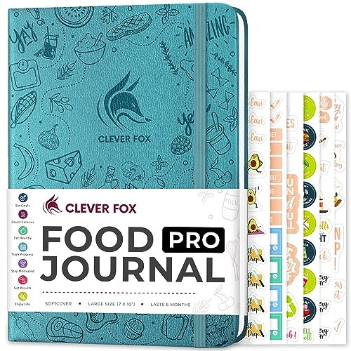 Clever Fox Food Journal Pro – Diet & Wellness Planerare dagbok – matstock – måltid, motion, viktminskning och kalorispårare, 18,5 x 26 cm (akvamarin)