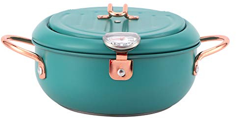 Deep Fryer Pot, 8.1x4.4in Stainless Steel Tempura Deep Frying Pan,Deep fat fryer,with Thermometer and Oil Drip Drainer Rack for Induction Cooker, Deep Green