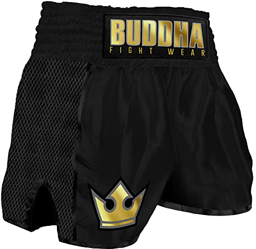 Buddha Fight Wear. Premium-Retro-Shorts. Speziell für Kickboxen, Muay Thai, K1 oder jede Art von Kontaktsportarten entwickelt, Schwarz , 56