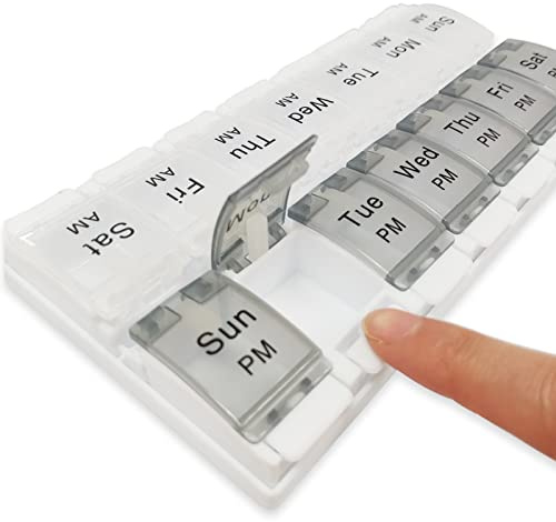 DSYSC Pill Boxes 7 Day 2 Times a Day with Opening Push Button, 7 Day Pill Box Organiser, Weekly Tablet Organiser Boxes 7 Day AM and PM, Medication Organizer Case for Vitamins (Grey White)