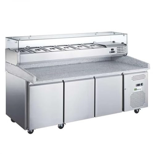 Iceshop Table Préparation Stockage Meuble Pizza Réfrigéré 3 Portes INOX avec Saladette +2° à +8°C sur roulettes