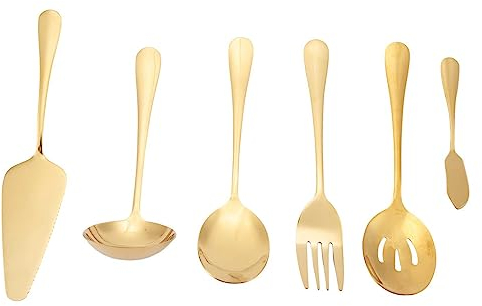 Fowecry Ensemble de Couverts de Service 6 Pièces - Ustensiles Comprenant Une Pelle à Gâteau et Une Cuillère à Fentes Or