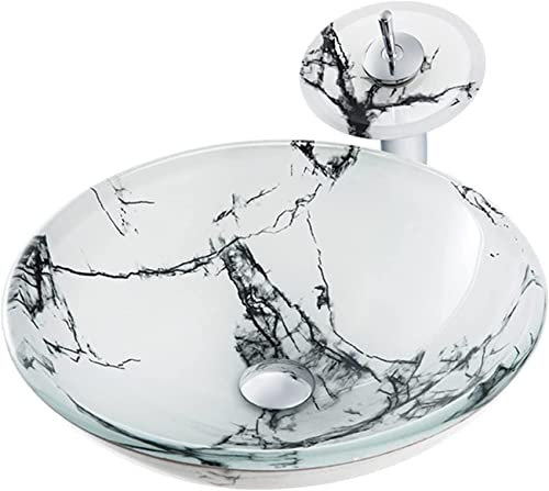 ROLTIN Ceramic Bathroom Sink Tempered Glass Vessel Sink, Hand Painted Art Countertop Basin With Waterfall Faucet Mounting Ring And Water Drain Set, Washstand Sink 420X420X145mm For Family Hotel